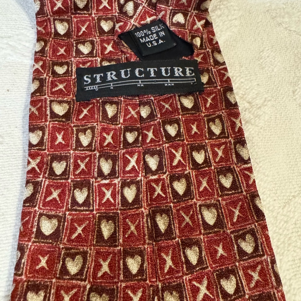 Structure Red Cream Silk Patterned Tie Hearts Xs … - image 3